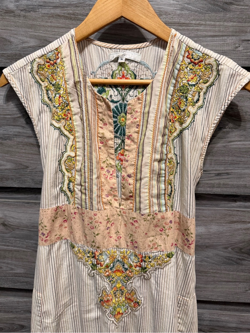 Johnny Was Embroidered Midi Dress M Boho Stripe Floral Tie Waist EUC - Picture 6 of 12